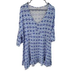Avenue Blue & White V Neck Ruffled Hem Tunic Top - Size 18